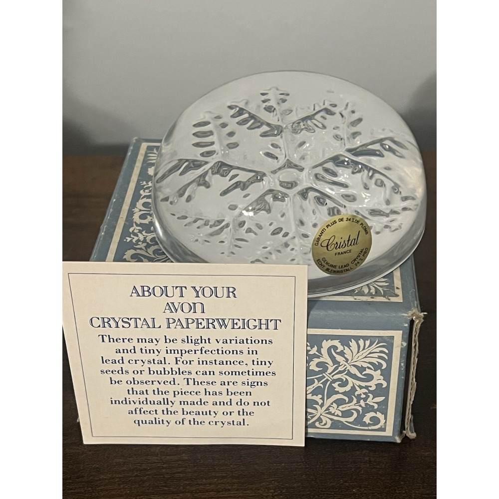 AVON Crystal Snowflake Paperweight with Foil Label & Original Box FRANCE Vintage